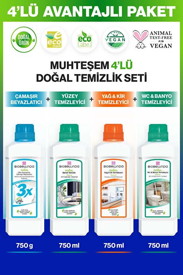 Yağ Kir Tem. 750 ml & Çamaşır Beyazlatıcı 3x 750 ml & Wc Banyo Tem. 750 ml & Genel Tem.(4'LÜ SET)